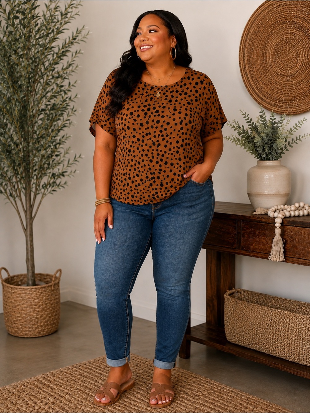 Brown Leopard-Print Short Sleeve Blouse